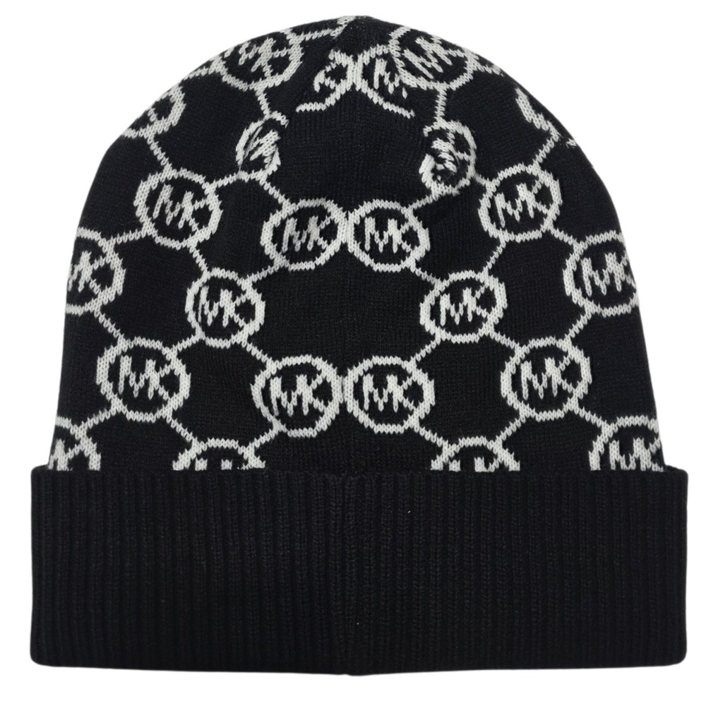 Michael Kors Beanie Unisex OS Black White MK Logo Monogram Knit Cuffed Hat